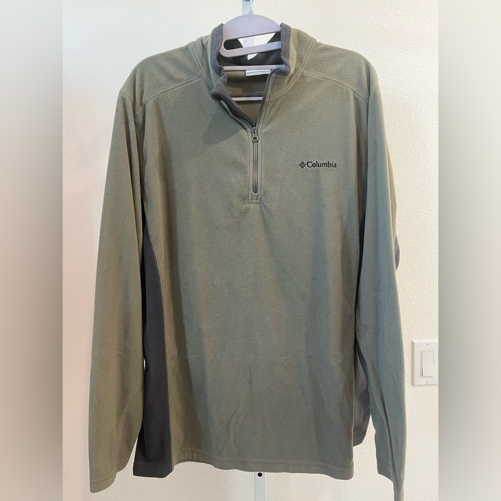 Mens Columbia Army Green & Gray 100% Poly Zip Up Collar Pullover
